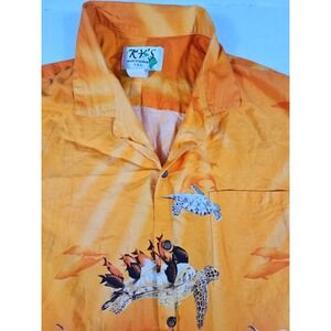 KY'S Hawaiian Shirt Mens XL Orange Sea Turtle Coral Reef Tropical Button Up USA